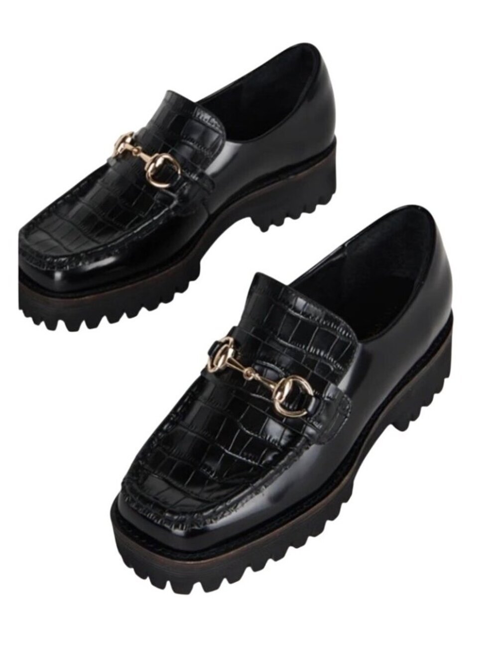 Intentionally Blank HK-2 Croc Lug Sole Loafers Black Patent Leather Gold horse b